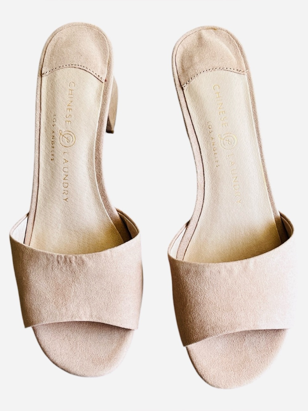 NWOT Chinese Laundry Blush Pink Suede Slide Mules Block Heel 37 6.5